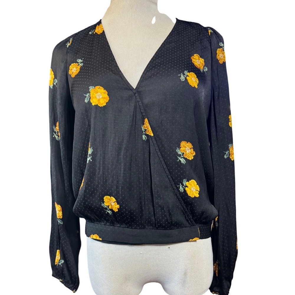 Madewell Wrap Top Womens Medium Floral Clip Dot Long Sleeve Black Yellow